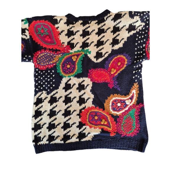 VTG 80s Sweater Knitting Needles Sz L Houndstooth Paisley Sweater Navy - Picture 3 of 8